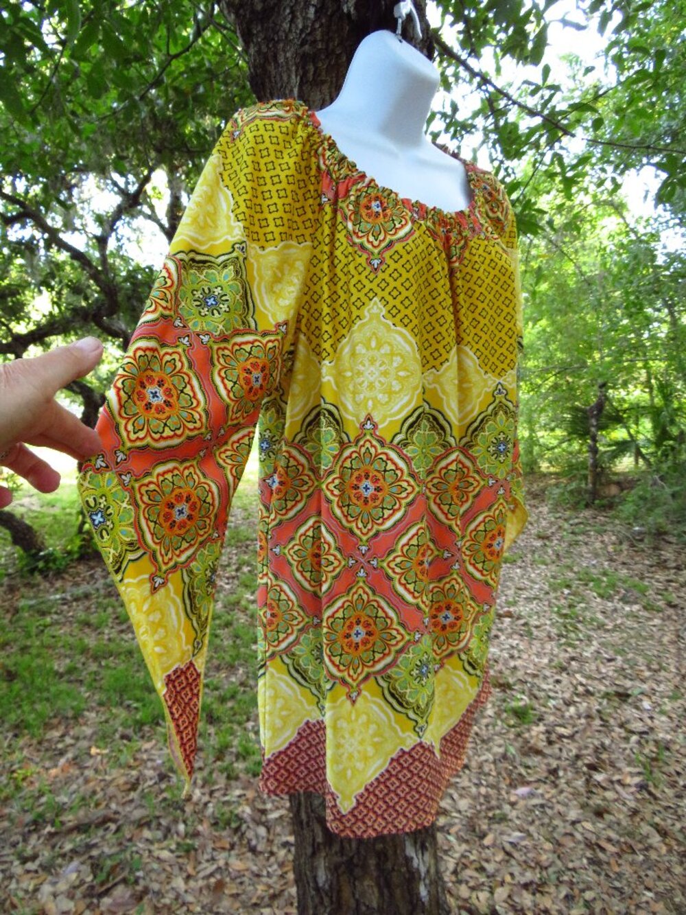Sunny Leigh yellow diamond shaped paisley Boho printed Top XL